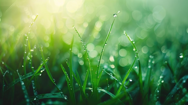 Closeup of fresh green grass with morning dew in sunlight