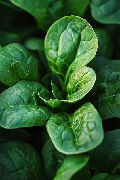 Photo closeup of fresh green spinach leaves selective focus