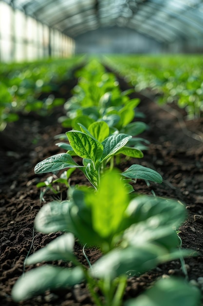 Photo closeup of fresh green spinach plants growing in a greenhouse with natural light