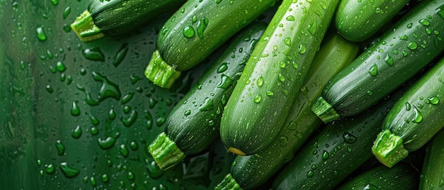 Photo closeup of fresh green zucchini with water droplets