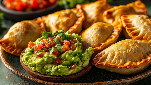 Photo closeup of fresh guacamole served with mini empanadas