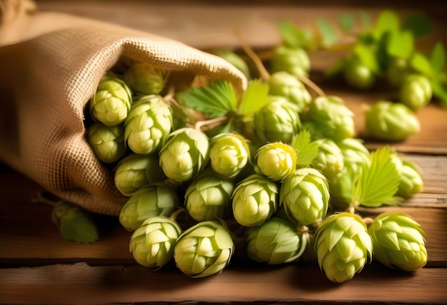 A closeup of fresh hop cones in a burlap bag on a wooden table