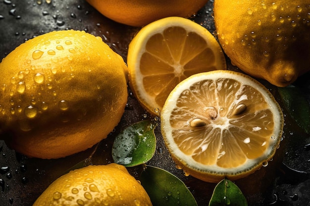 Closeup of fresh lemons glistening with drops of water Created using Generative AI technology