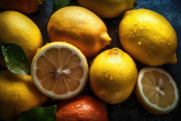 Closeup of fresh lemons glistening with drops of water Created using Generative AI technology