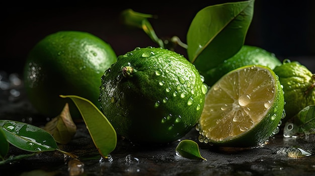 Closeup fresh lime hit by splashes of water with black blur background