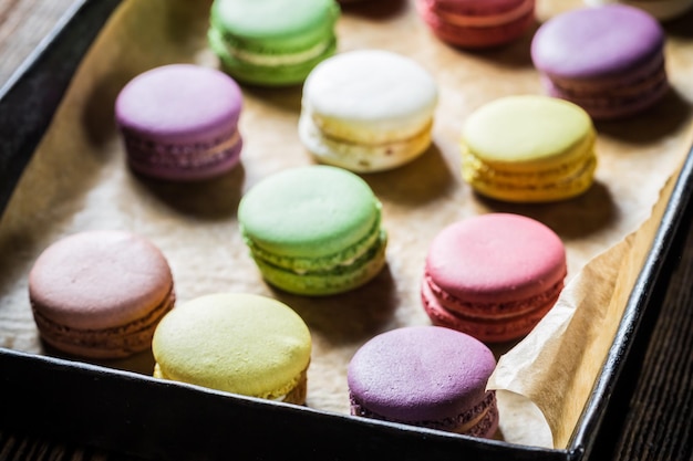 Closeup of Fresh macaroons on baking tray