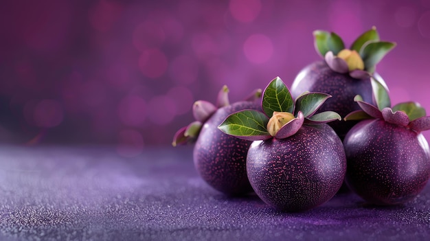 Photo closeup of fresh mangosteens with green leaves on a purple background