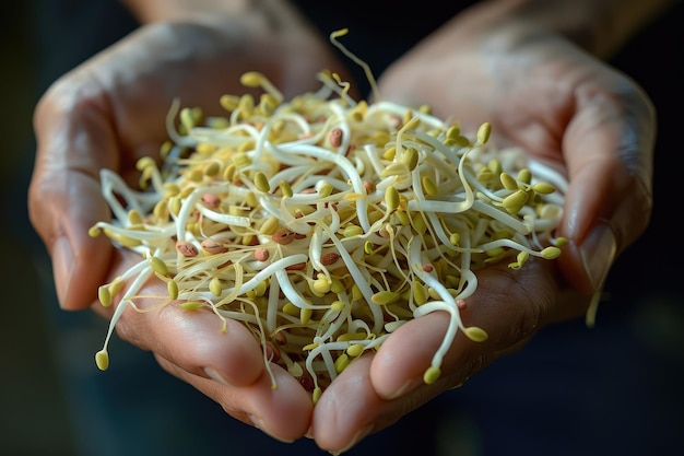 Closeup of fresh mung bean sprouts in hands