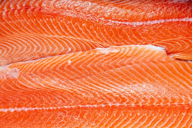 Closeup fresh norwegian salmon fillet fish on professional restaurant kitchen. 