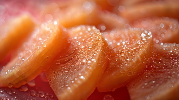 Closeup of fresh orange fruit slices covered in water droplets