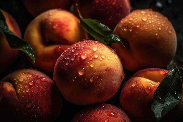 Closeup of fresh peaches glistening with water dropsCreated using Generative AI technology