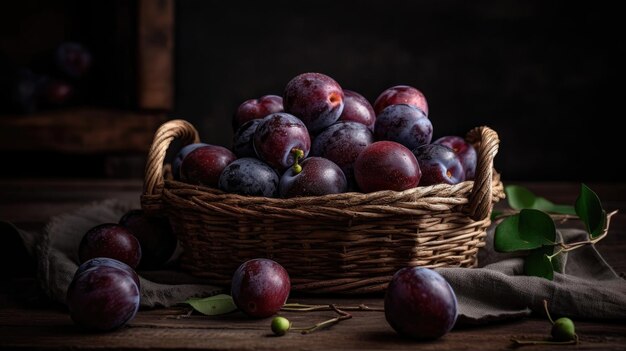 Closeup Fresh Plum Fruits in a bamboo basket with blur background