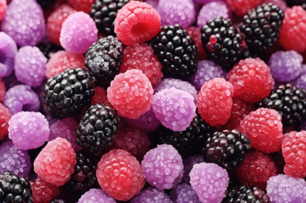 Photo closeup of fresh raspberries and blackberries