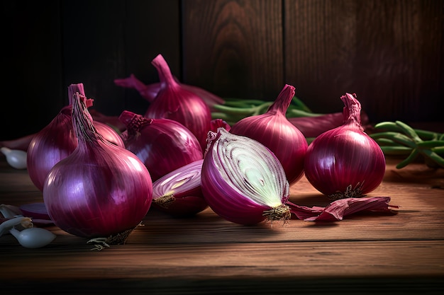 Closeup of fresh red onions on rustic wooden table some cut in half