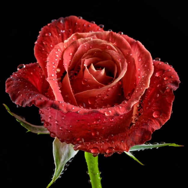 CloseUp of Fresh Red Rose with Sparkling Dew Drops on Black Background