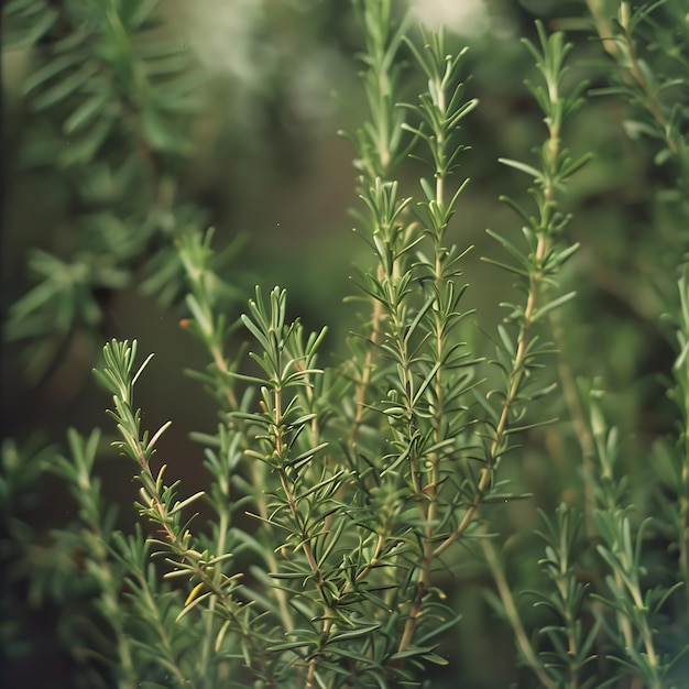 Photo closeup of fresh rosemary herb with a blurred background