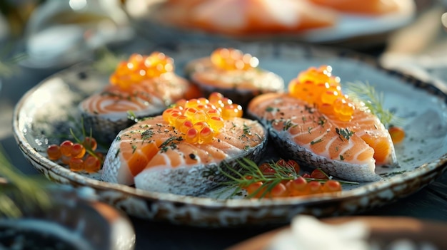 Closeup of fresh salmon fillets garnished with roe and herbs on a rustic plate perfect for a gourmet