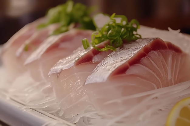 Photo closeup of fresh sashimi with green onions