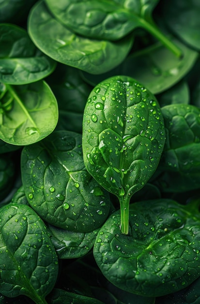 Photo closeup of fresh spinach leaves with water droplets