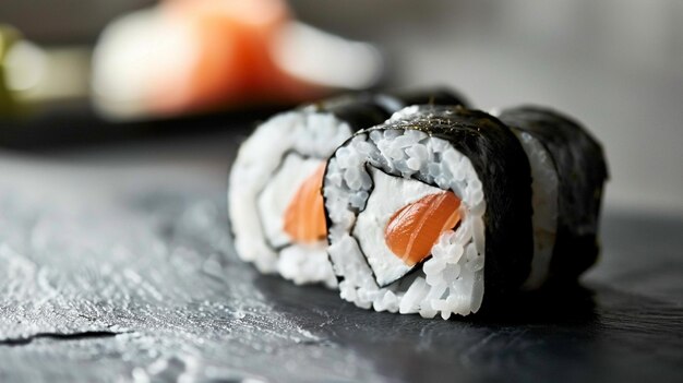 CloseUp of Fresh Sushi Roll on Table Japanese Cuisine Closeup Photo