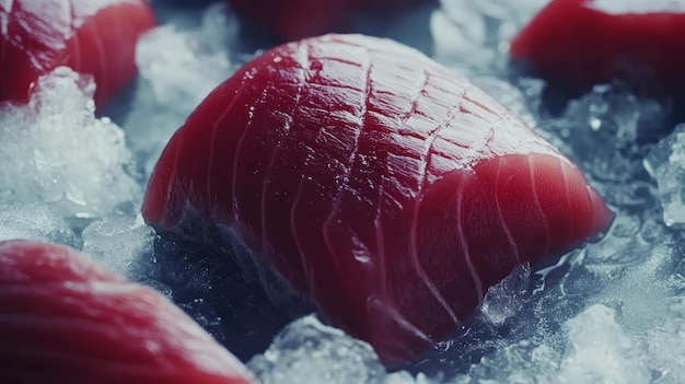 Photo closeup of fresh tuna sashimi on ice showcasing its vibrant red color delicate marbling and