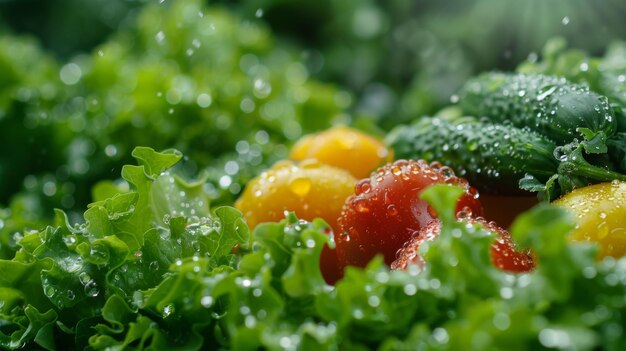 A closeup of fresh vegetables including tomatoes and lettuce covered in dewdrops emphasizing freshness and health