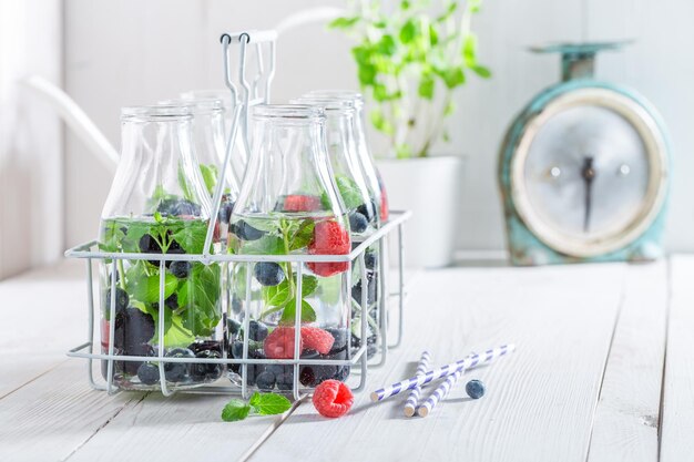 Closeup of fresh water in bottle with berries