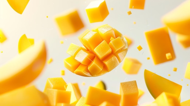 CloseUp of Fresh Yellow Mango Chunks Floating in the Air Bright and Vibrant Fruits in Motion Perfect for Healthy Eating and Tropical Recipes Concepts HighQuality Stock Image AI