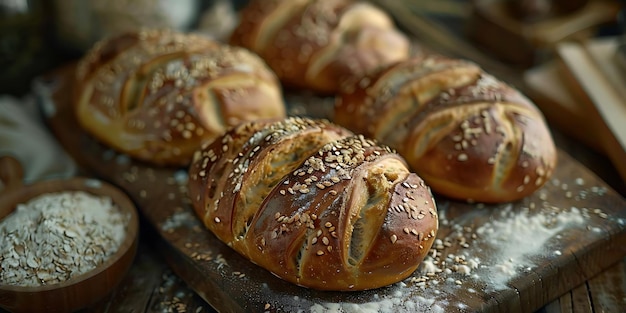 Closeup of Freshly Baked Bread with Sesame Seeds on a Wooden Cutting Board Photo