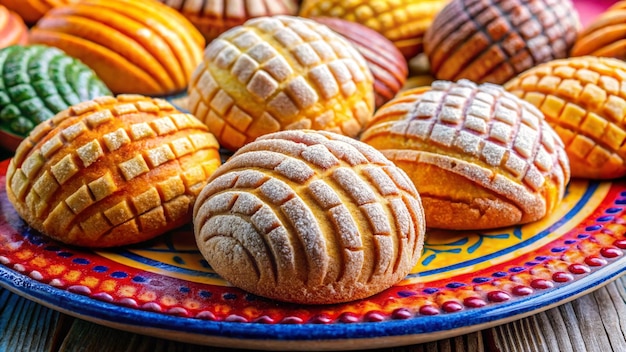 Photo closeup of freshly baked conchas mexican sweet bread on vibrant handpainted plate