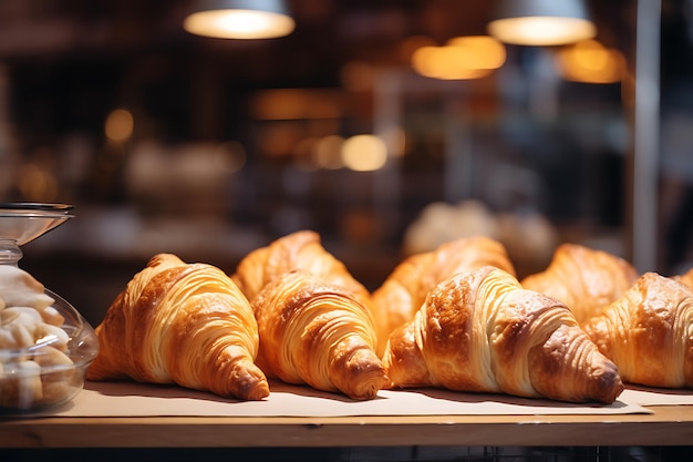 Closeup freshly baked croissants in a bakery on a blurred background