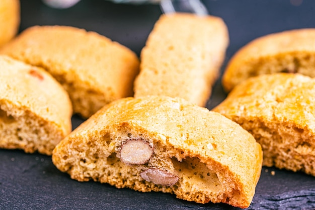 Closeup of freshly baked Italian almond cantuccini biscuits