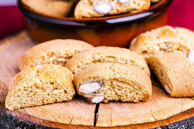 Closeup of freshly baked Italian almond cantuccini biscuits