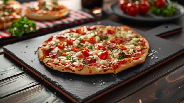 A closeup of a freshly baked pepperoni pizza on a black slate serving board the pizza is topped with