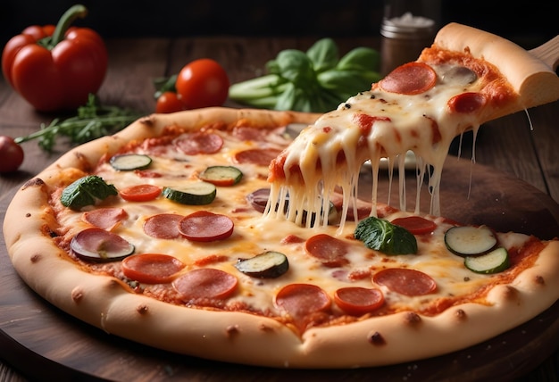 A closeup of a freshly baked pizza with melted cheese pepperoni and various vegetables on a woode