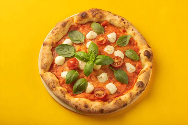 closeup of a freshly baked pizza on yellow background