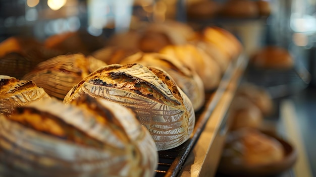 Photo a closeup of freshly baked sourdough bread on the oven with multiple loaves lined up in rows this sc