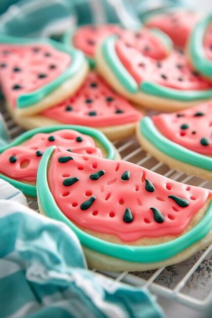 Photo closeup of freshly baked watermelon sugar cookies with green icing and black sugar sprinkles