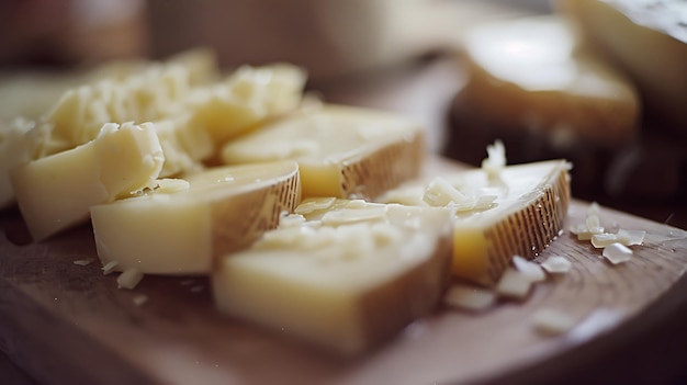 Photo closeup of freshly cut cheese on a wooden cutting board