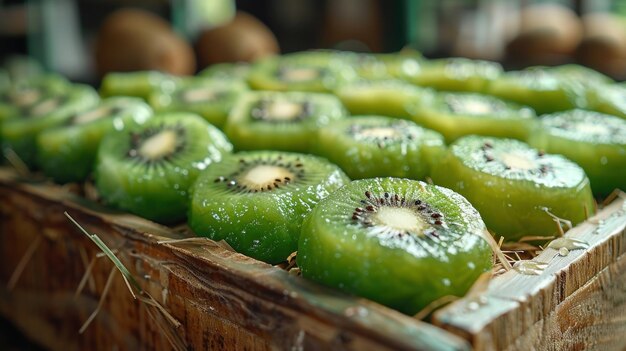 CloseUp of Freshly Cut Kiwi Slices in a Wooden Crate