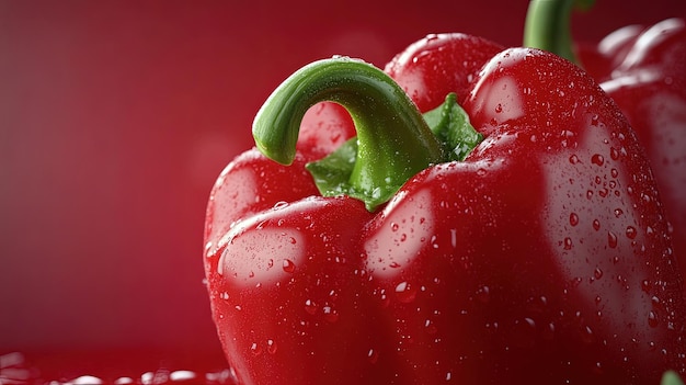 Closeup of a freshly harvested organic bell pepper glossy red surface soft natural light