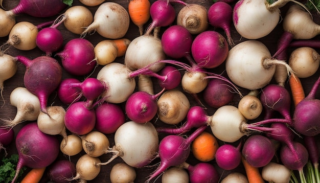 Closeup of freshly harvested vegetables turnips beetroots carrots round marrow top view