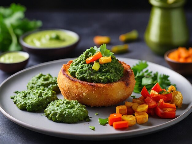 Photo a closeup of freshly made vegetable chop golden and crispy served with green chutney