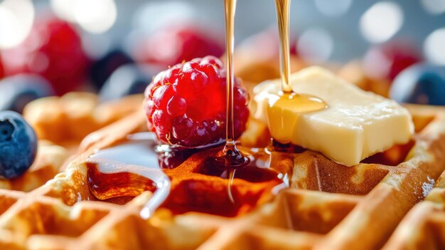 Photo closeup of freshly made waffles with maple syrup drizzling down