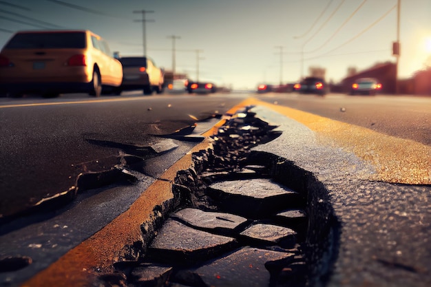 Closeup of freshly patched road with view of traffic in the background