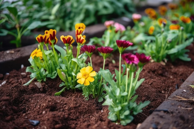 Closeup of freshly planted flower bed with blooming seedlings