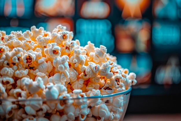 CloseUp of Freshly Popped Popcorn in a Clear Bowl with Cinematic Lights in the Background