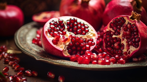 Closeup of freshly quartered pomegranates