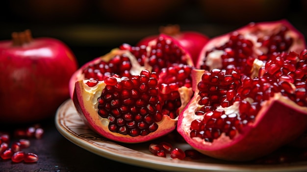 Closeup of freshly quartered pomegranates