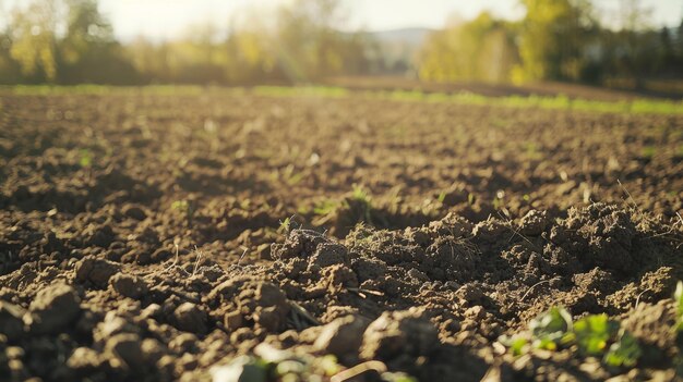 Closeup of a freshly tilled field illuminated by warm sunlight showcasing rich fertile soil and hints of emerging greenery